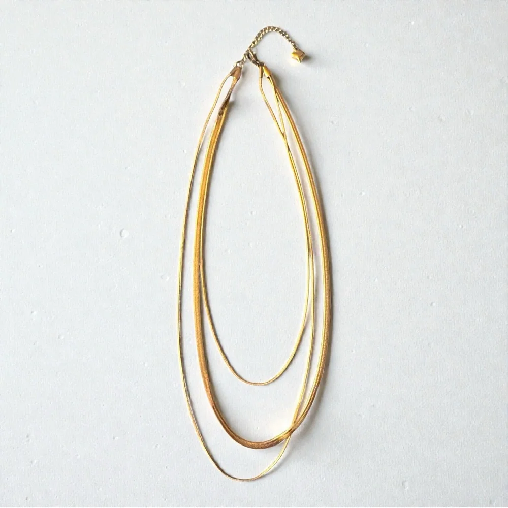 Titanium Steel Layered Herringbone & Snake Chain Tri-Strand Necklace 18k Gold